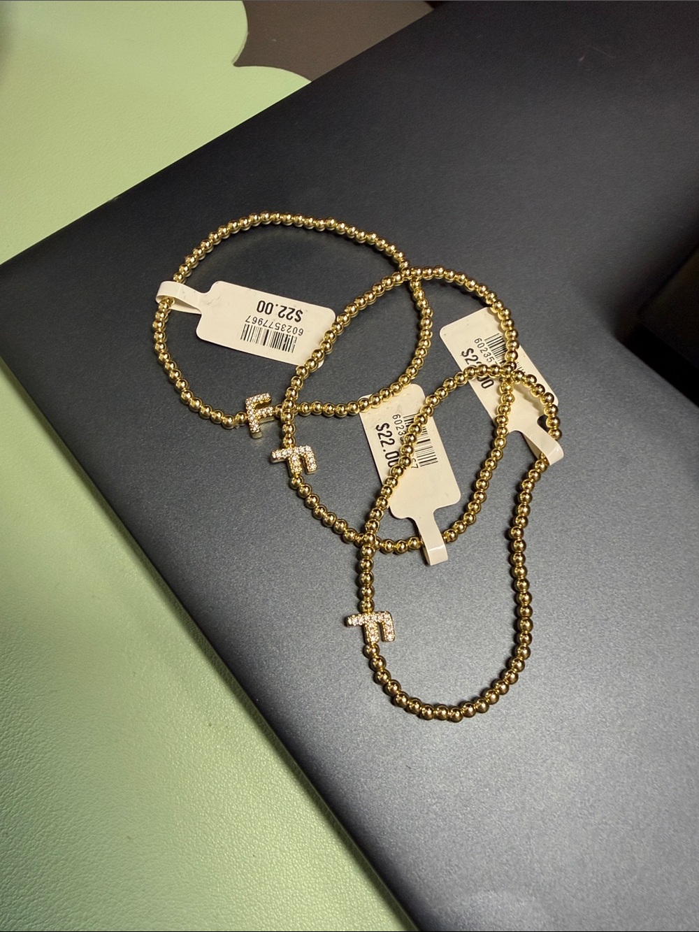 Zoe Belle Gold Beaded Stretch Bracelet with Pavé 'F' initial Charm